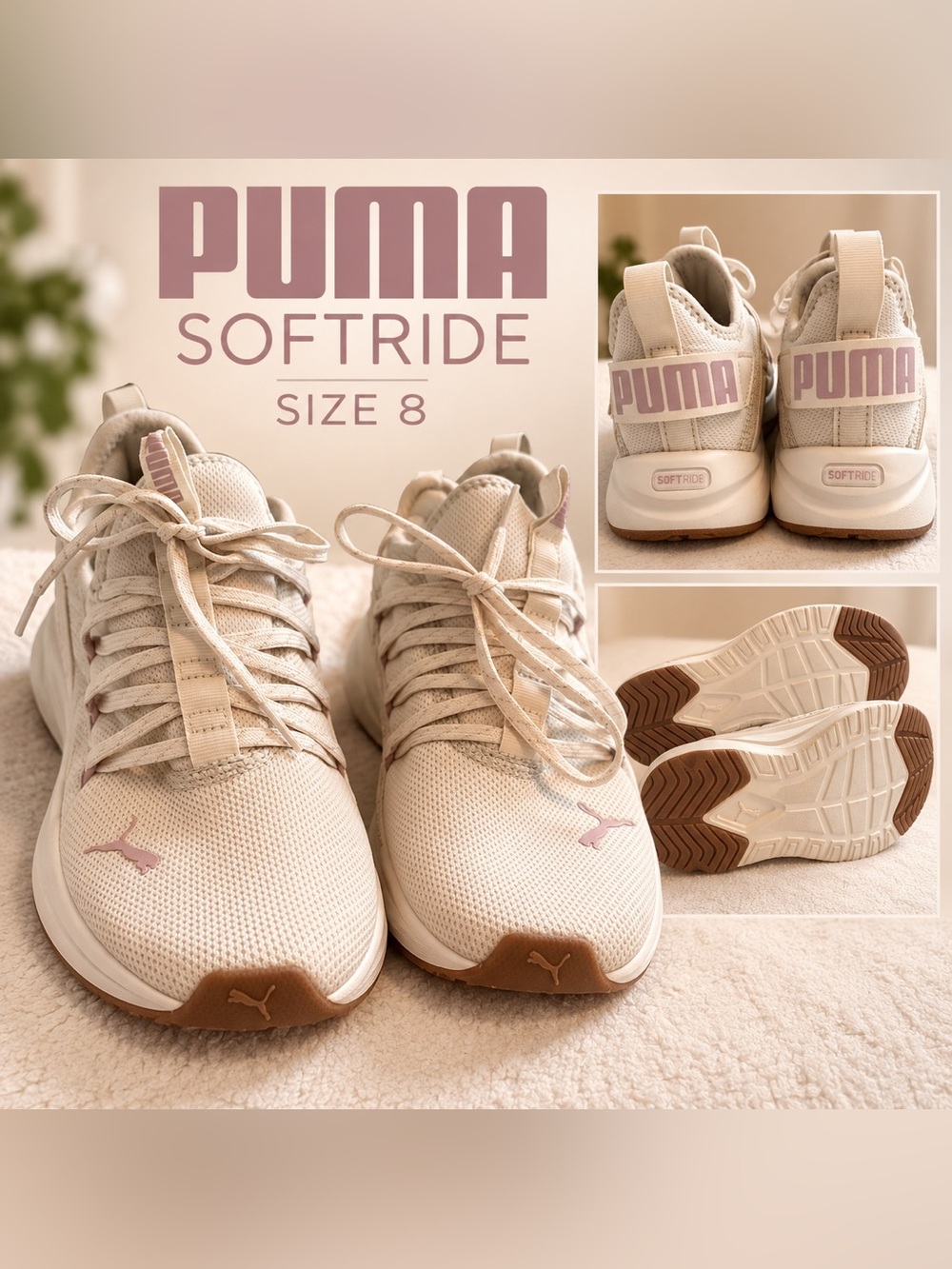 Puma Women's Softride Athletic Sneakers in Cream with Pink Accents